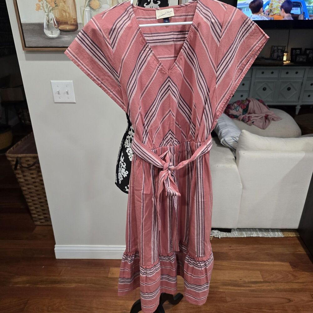 NWOT Sierra Rose Minimalist Striped Ruffle Midi Dress Natural / Pure Semi-boho S
